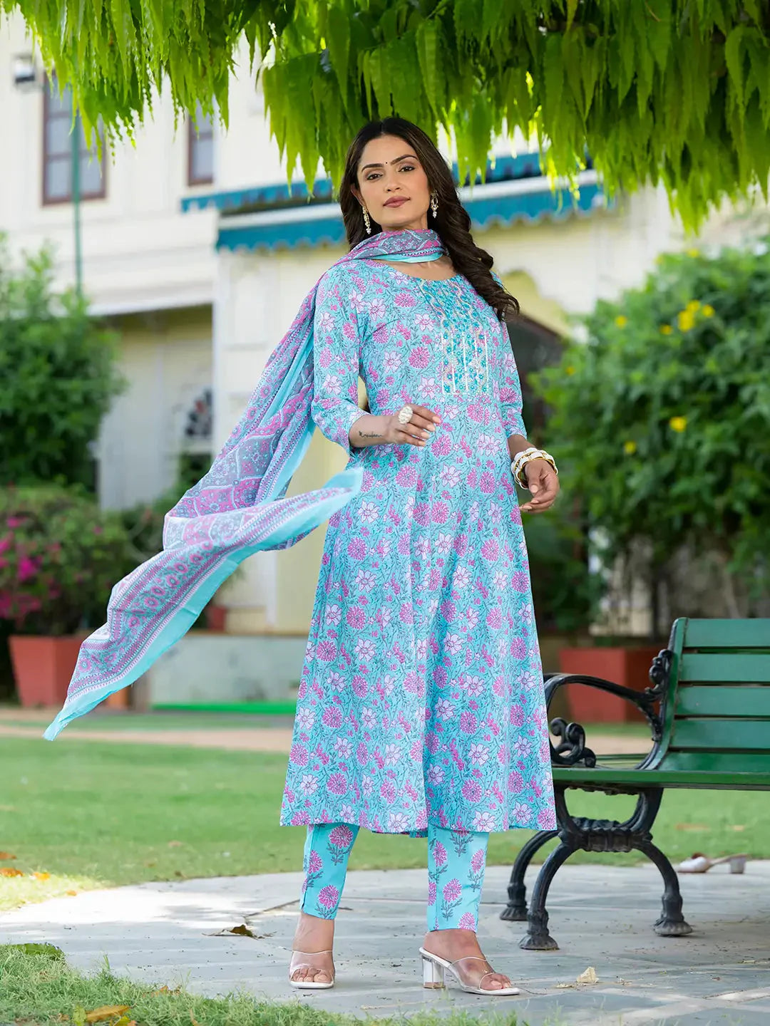 Yufta Blue Floral Print Anarkali Kurta Trouser And Dupatta Set