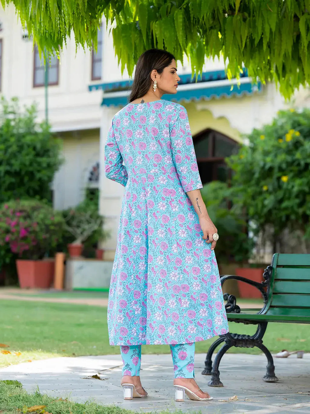 Yufta Blue Floral Print Anarkali Kurta Trouser And Dupatta Set