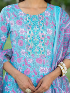 Yufta Blue Floral Print Anarkali Kurta Trouser And Dupatta Set