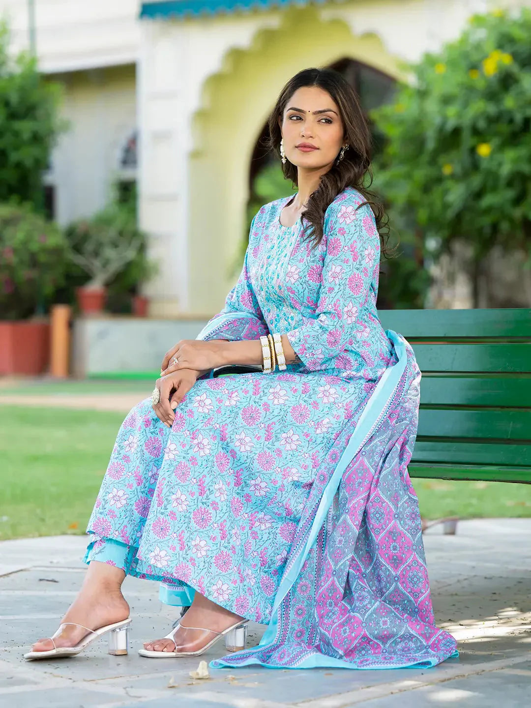 Yufta Blue Floral Print Anarkali Kurta Trouser And Dupatta Set