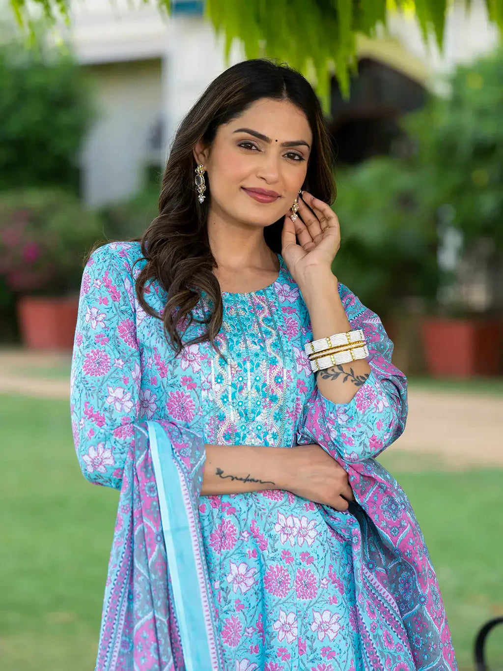 Yufta Blue Floral Print Anarkali Kurta Trouser And Dupatta Set