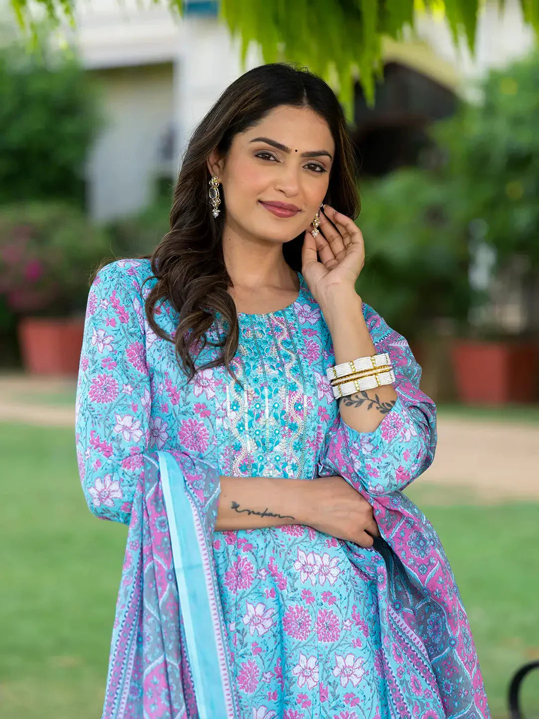 Yufta Blue Floral Print Anarkali Kurta Trouser And Dupatta Set