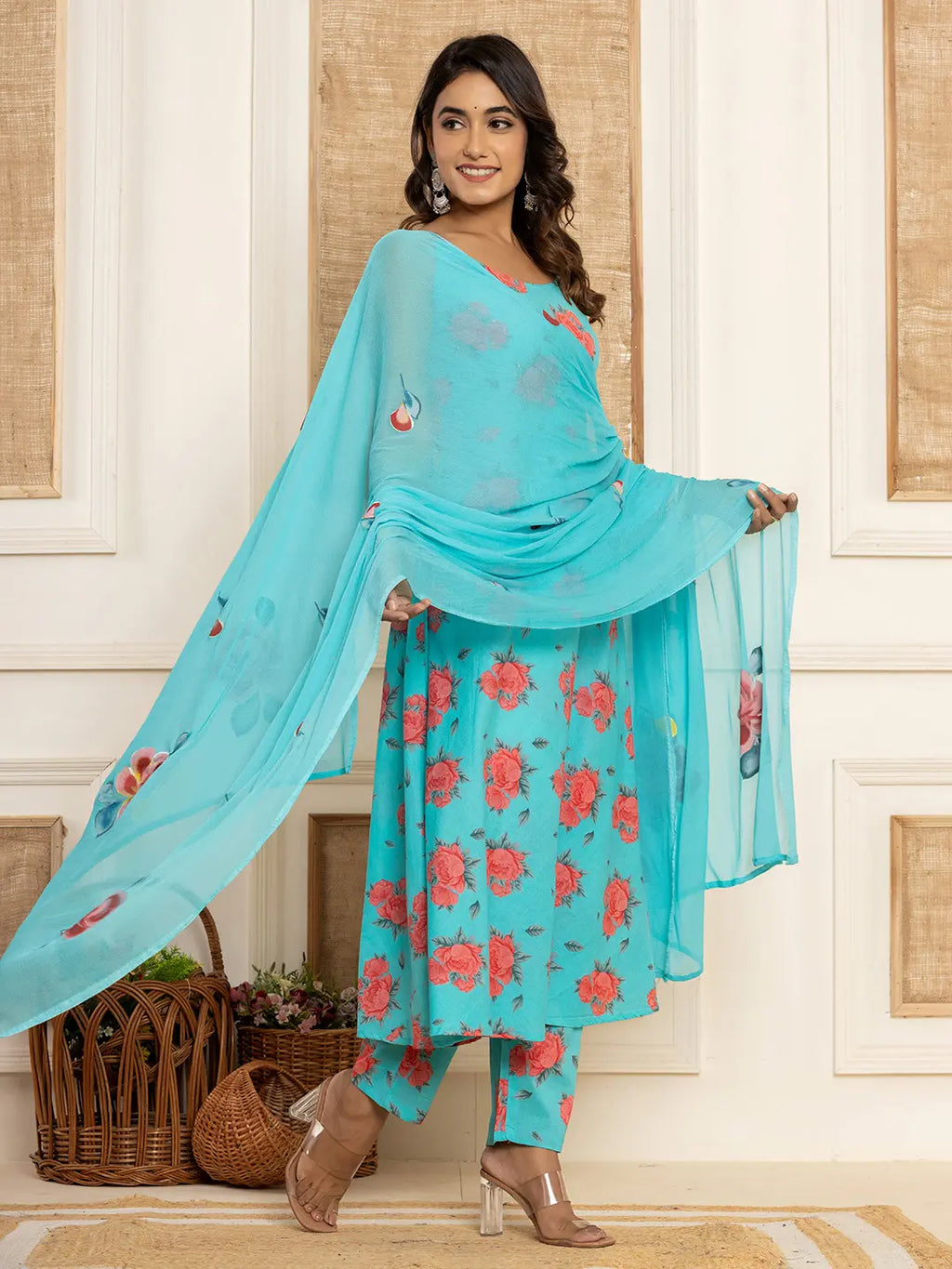 Yufta Blue Floral Print Cotton A-Line Style Kurta And Trousers With Dupatta Set