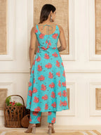 Yufta Blue Floral Print Cotton A-Line Style Kurta And Trousers With Dupatta Set