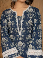 Yufta Blue Floral Print Pakistani Style Kurta Trouser And Dupatta Set