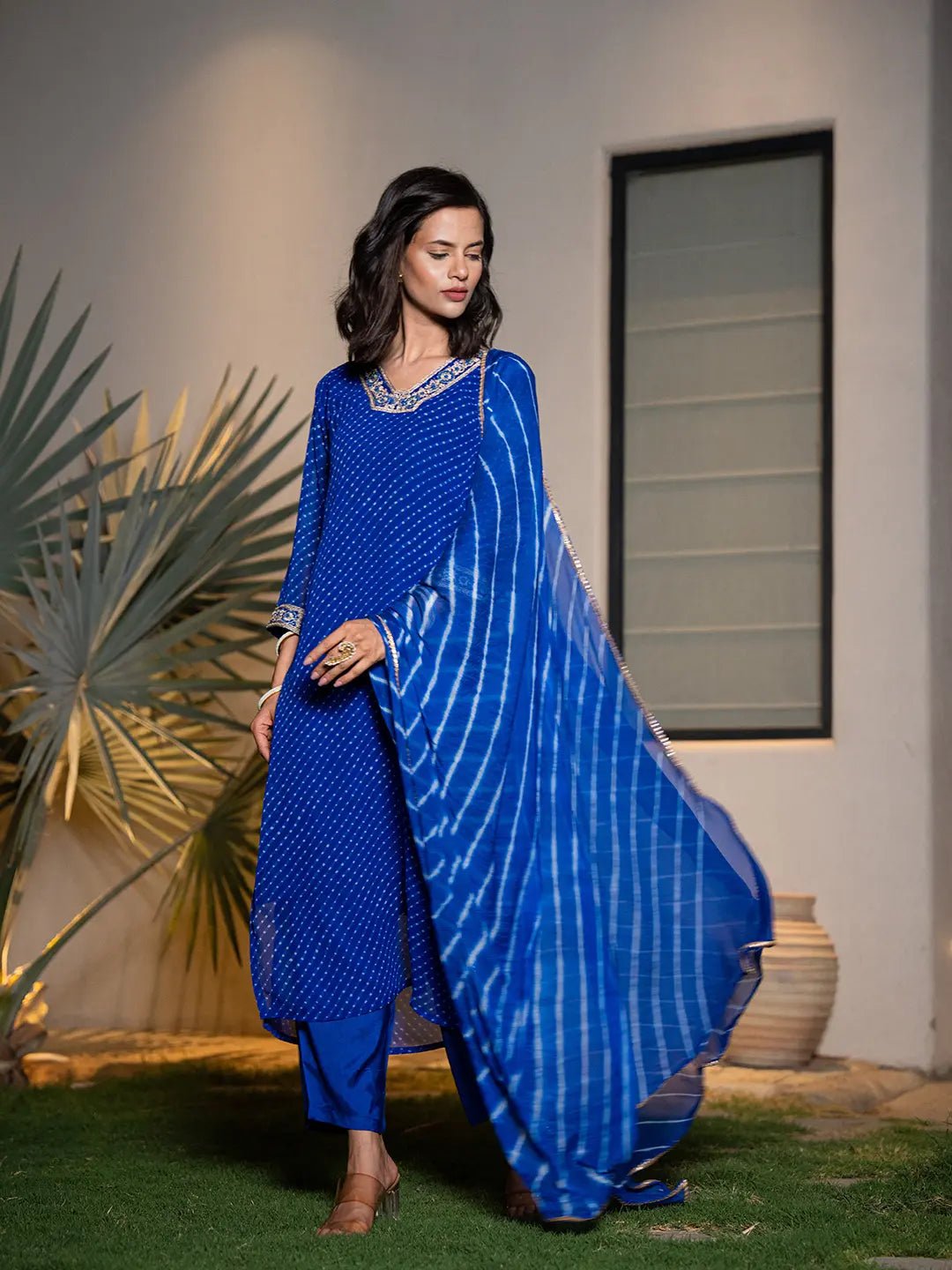 Yufta Blue Georgette Lehriya Kurta Dupatta Set