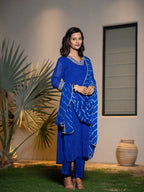 Yufta Blue Georgette Lehriya Kurta Dupatta Set