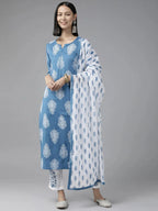 Yufta Blue Paisley Printed Dupatta Set