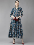Yufta Blue Print Cotton Maxi Dress - Distacart