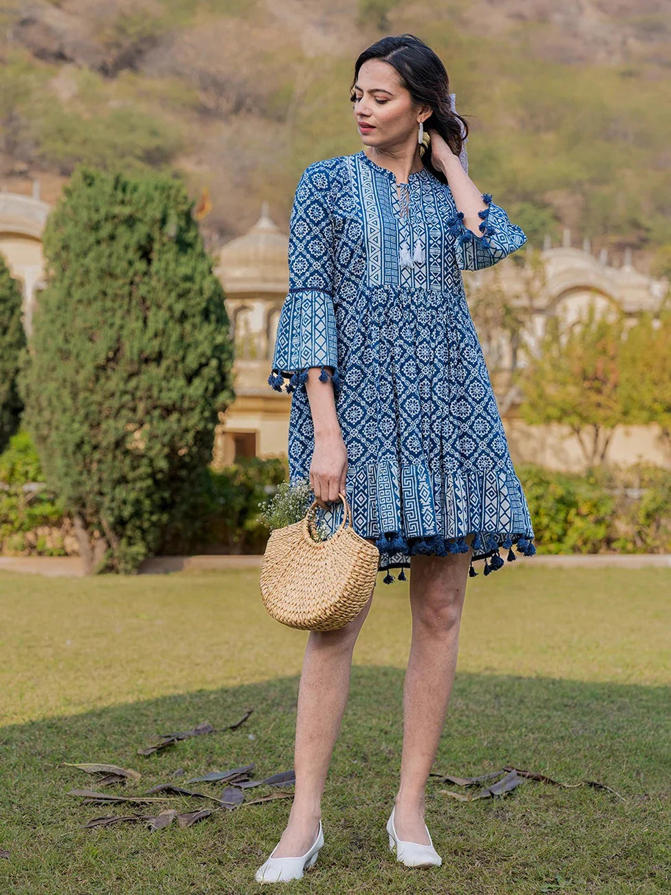 Yufta Blue Pure Cotton Ethnic Motifs Less Border Tassels Were Dress - Distacart