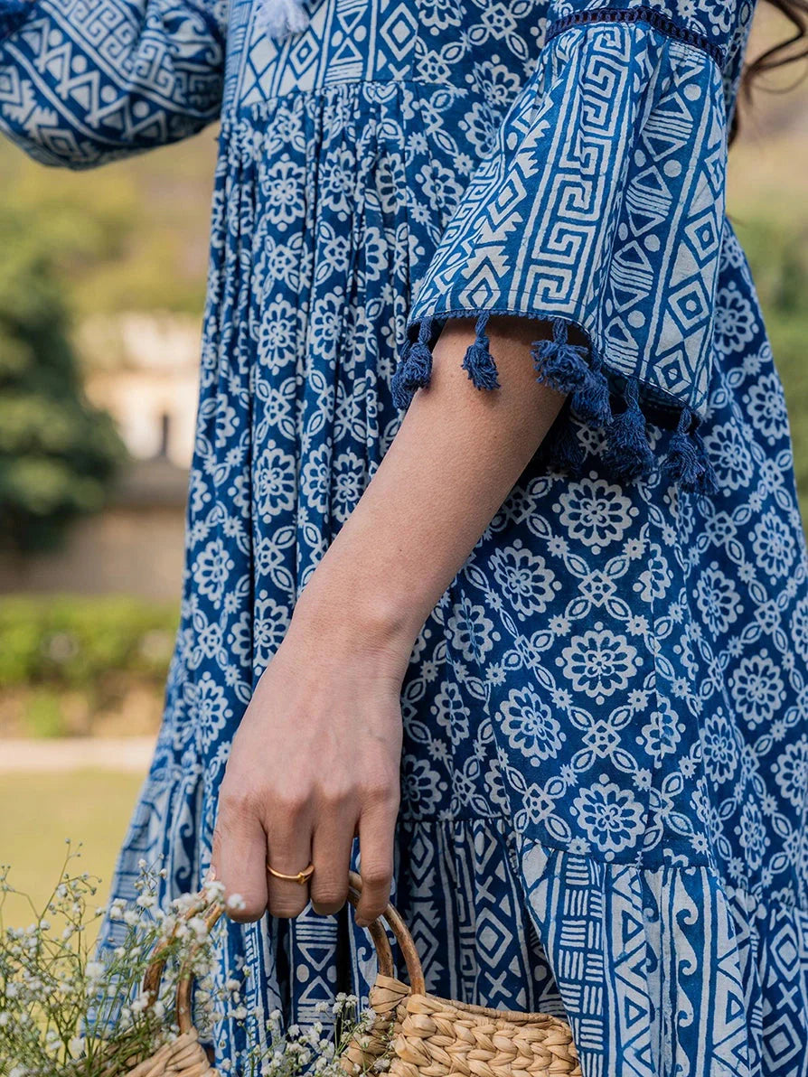 Yufta Blue Pure Cotton Ethnic Motifs Less Border Tassels Were Dress - Distacart