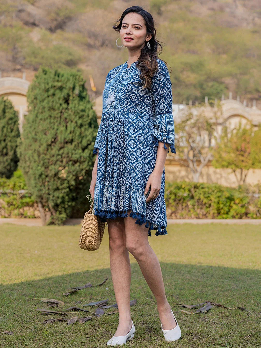Yufta Blue Pure Cotton Ethnic Motifs Less Border Tassels Were Dress - Distacart