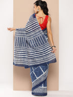 Yufta Blue Striped Mulmul Cotton Sarees With Unstitched Blouse - Distacart