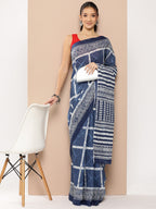 Yufta Blue Striped Mulmul Cotton Sarees With Unstitched Blouse - Distacart