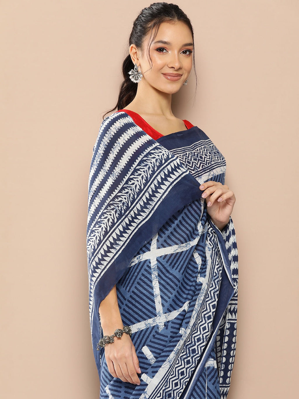 Yufta Blue Striped Mulmul Cotton Sarees With Unstitched Blouse - Distacart