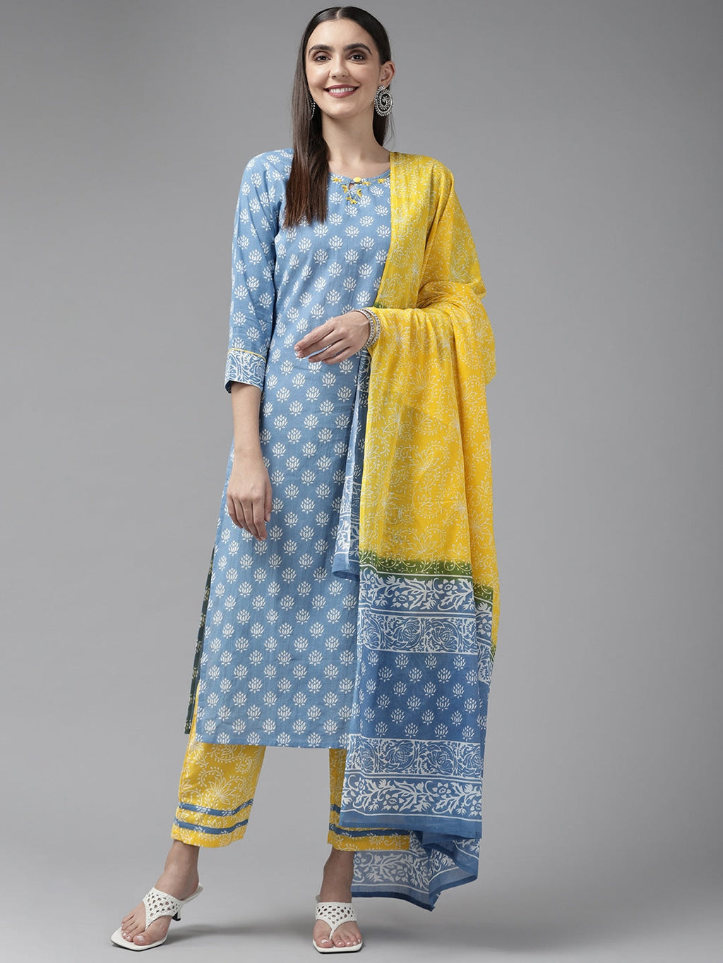 Yufta Blue & Yellow Ethnic Printed Dupatta Set
