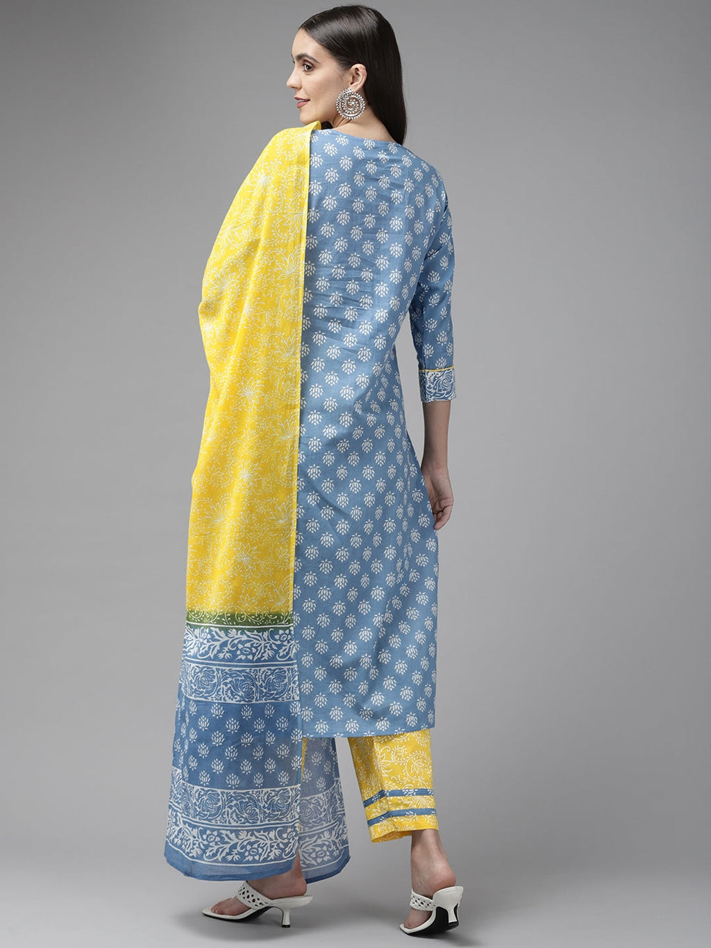 Yufta Blue & Yellow Ethnic Printed Dupatta Set