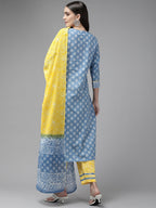 Yufta Blue & Yellow Ethnic Printed Dupatta Set