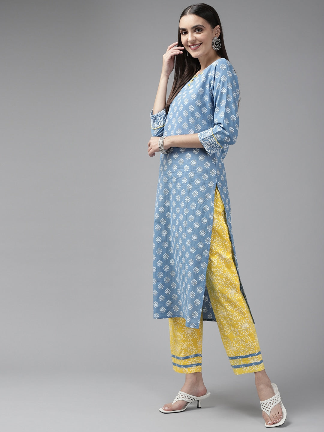 Yufta Blue & Yellow Ethnic Printed Dupatta Set