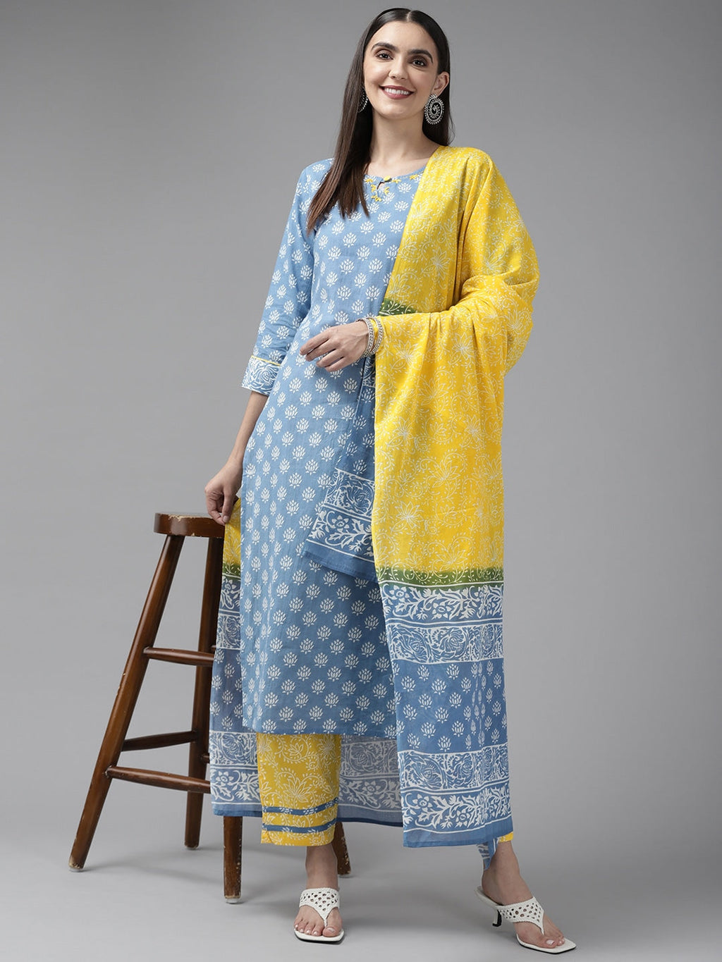 Yufta Blue & Yellow Ethnic Printed Dupatta Set