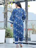 Yufta Blue pure Cotton kurta dupatta set with Thread_Work detailing