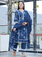 Yufta Blue pure Cotton kurta dupatta set with Thread_Work detailing