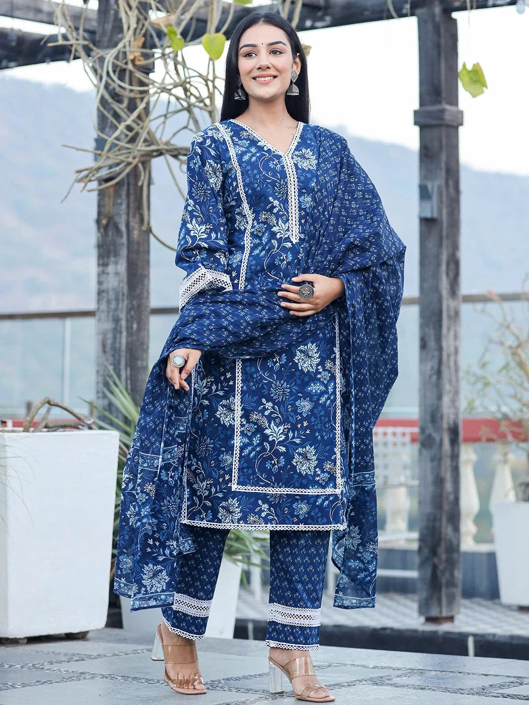 Yufta Blue pure Cotton kurta dupatta set with Thread_Work detailing