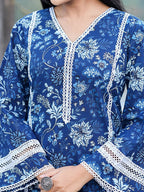 Yufta Blue pure Cotton kurta dupatta set with Thread_Work detailing