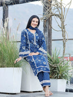 Yufta Blue pure Cotton kurta dupatta set with Thread_Work detailing