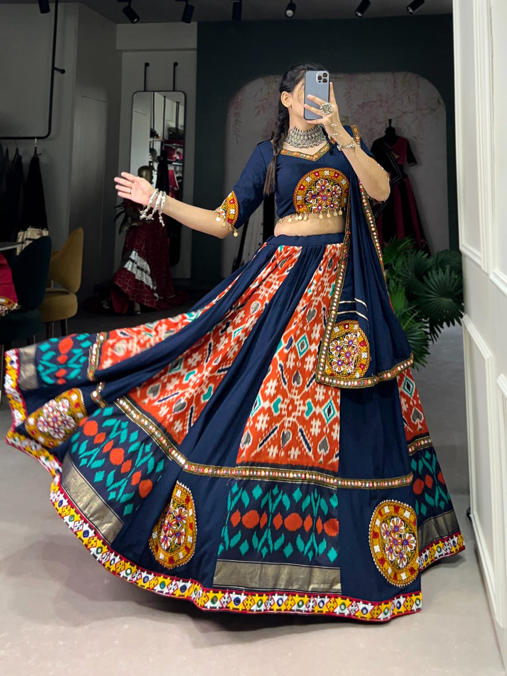 Lorenvalley Blue Rayon and Printed Silk with Plain And Printed With Original Mirror Gamthi Work And Gamthi Patch Work Lehenga Choli