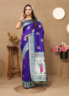 Lorenvalley Fashion Blue Soft Paithani Silk Woven Design Rich Meenakari Zari Weaving Pallu Saree