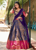 Lorenvalley Blue Kanjivaram Silk Zari Weaving Lehenga Choli with Dupatta