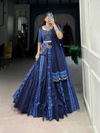 Lorenvalley Blue Pure Cotton Chaniya Choli Adorned With Cowrie Shells And Paired With A Matching Purse