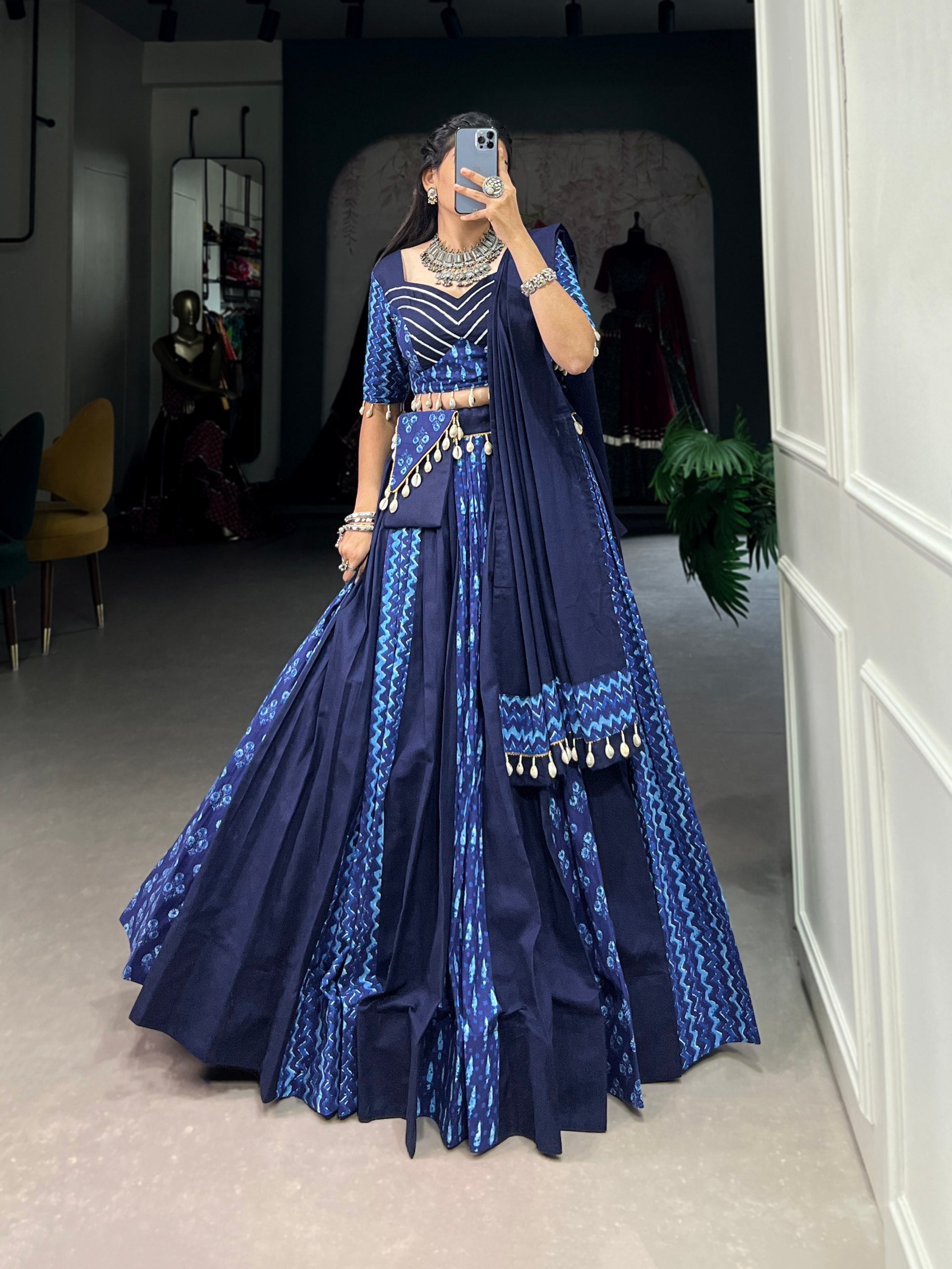 Lorenvalley Blue Pure Cotton Chaniya Choli Adorned With Cowrie Shells And Paired With A Matching Purse