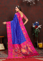 Lorenvalley Fashion Blue Soft Paithani Silk Woven Design Rich Zari Meenakari Weaving Saree