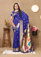 Lorenvalley Fashion Blue Soft Paithani Silk Woven Design Rich Zari Meenakari Weaving Saree