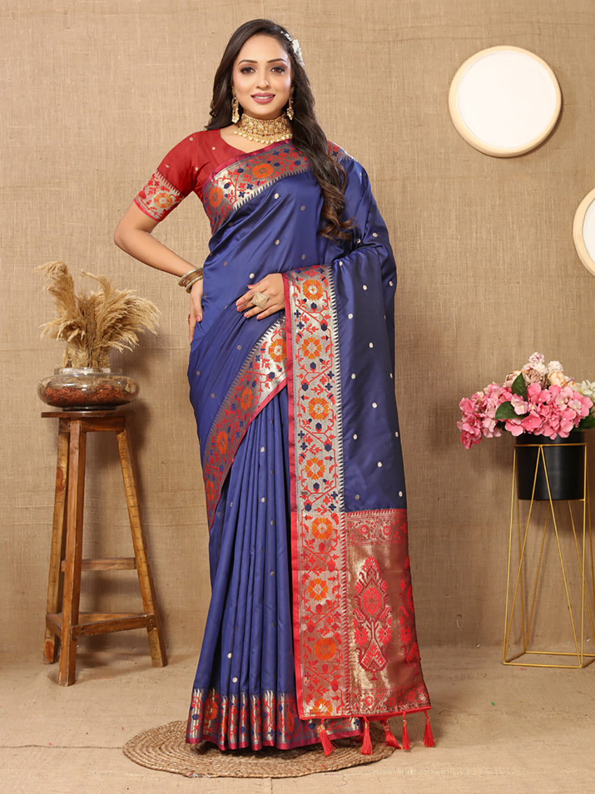 Lorenvalley Fashion Blue Soft Paithani Silk Woven Design Rich Meenakari Zari Weaving Pallu Saree