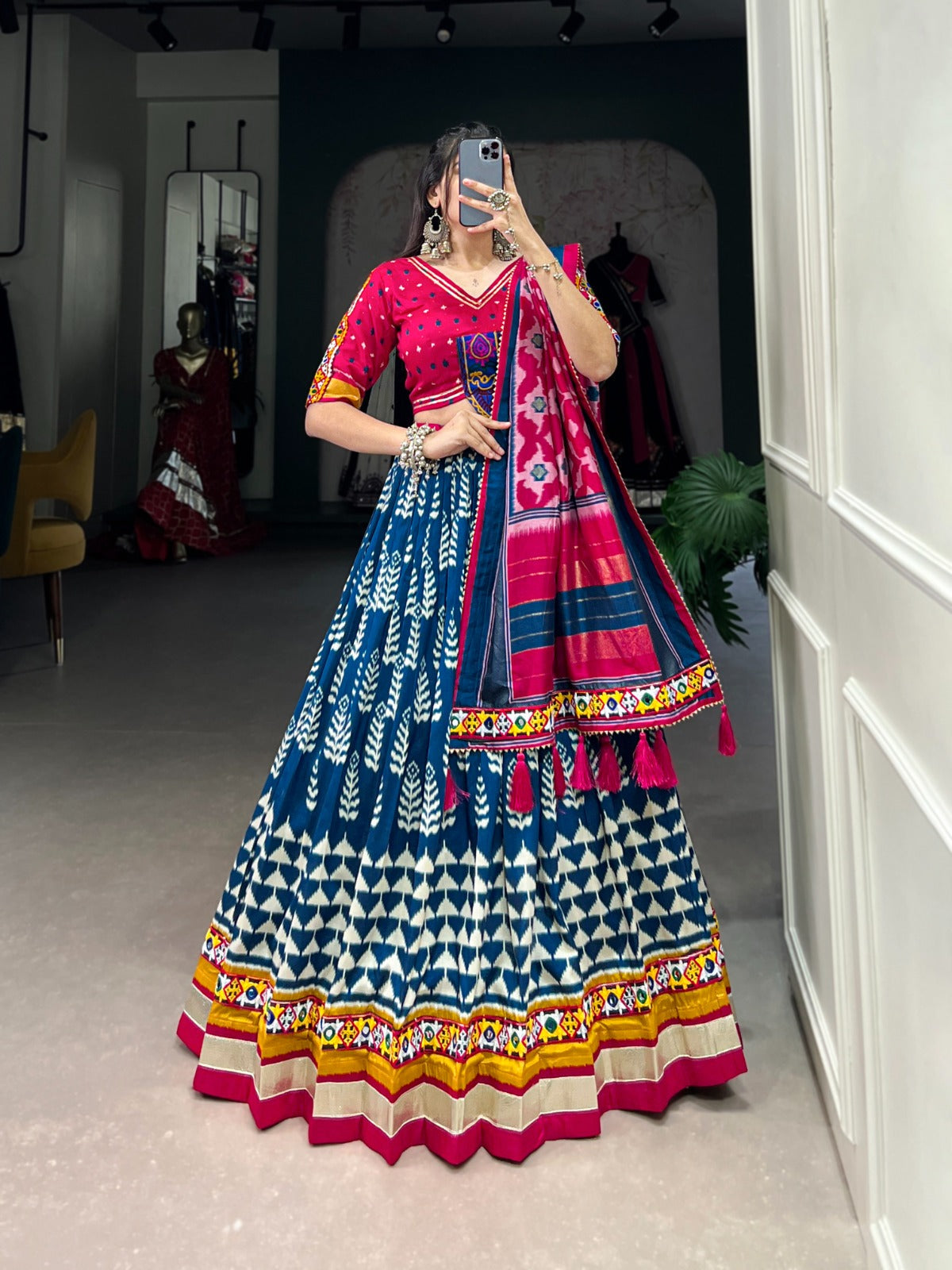 Lorenvalley Black Dola Silk with Printed With Foil Work And Original Mirror Gamthi Lace Touch Up Lehenga Choli
