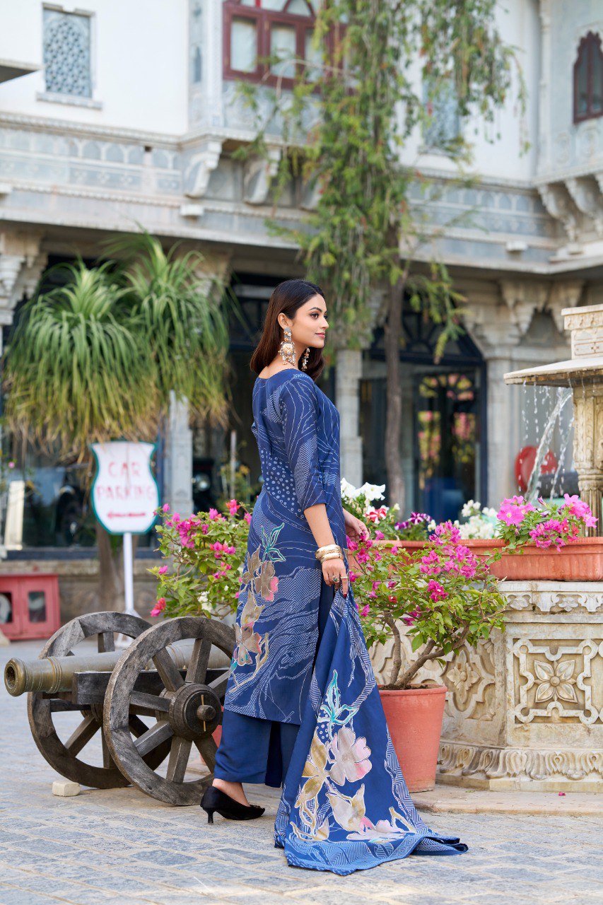 Lorenvalley Blue Roman Silk Floral Print With Beets Handwork Kurta Set
