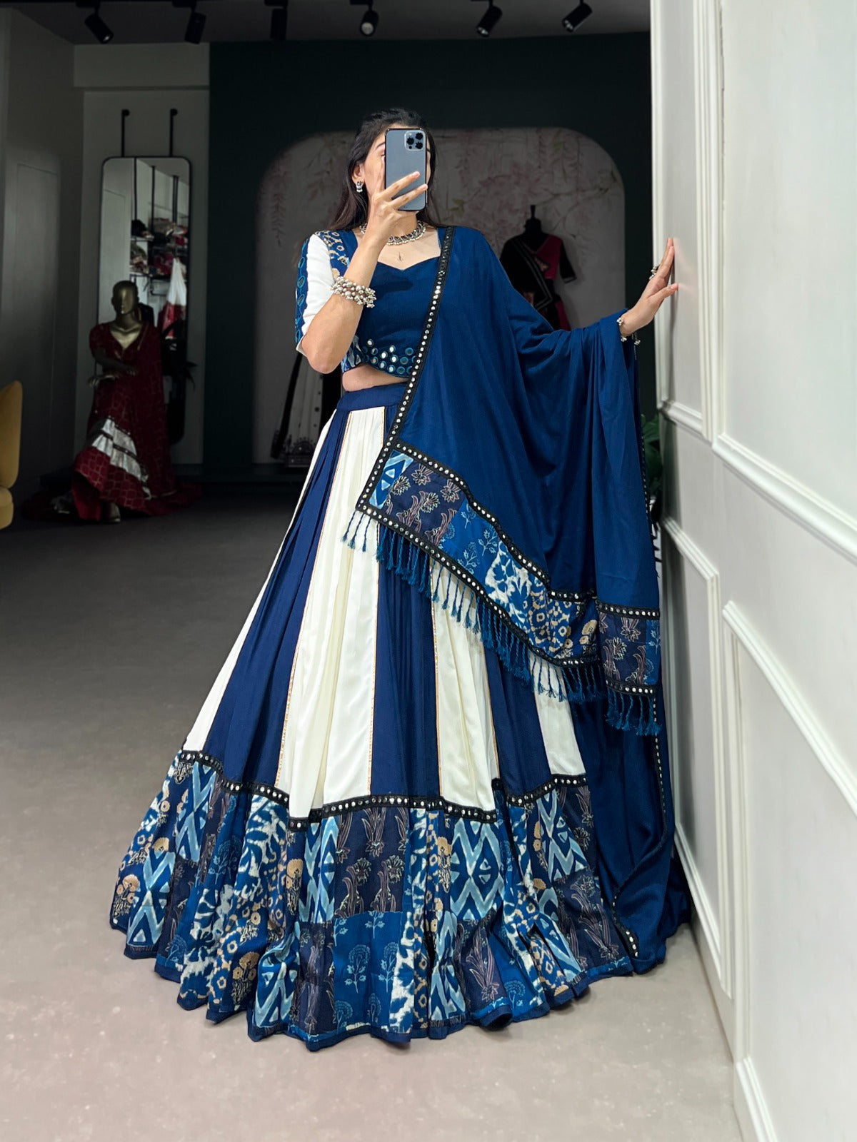 Lorenvalley Blue Pure Rayon with Plain And Printed With Paper Mirror Work Lace And Gota Patti Touch Up Lehenga Choli
