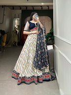 Lorenvalley White And Blue Pure Cotton Leheriya With Patola Print Lehenga Choli With Dupatta