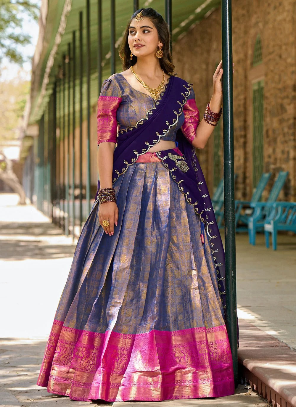 Lorenvalley Blue Kanjivaram Silk Zari Weaving Lehenga Choli with Dupatta