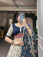 Lorenvalley White And Blue Pure Cotton Leheriya With Patola Print Lehenga Choli With Dupatta