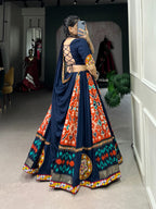 Lorenvalley Blue Rayon and Printed Silk with Plain And Printed With Original Mirror Gamthi Work And Gamthi Patch Work Lehenga Choli