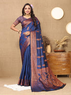 Lorenvalley Fashion Blue Soft Katan Silk Woven Design Copper Zari Weaving Saree