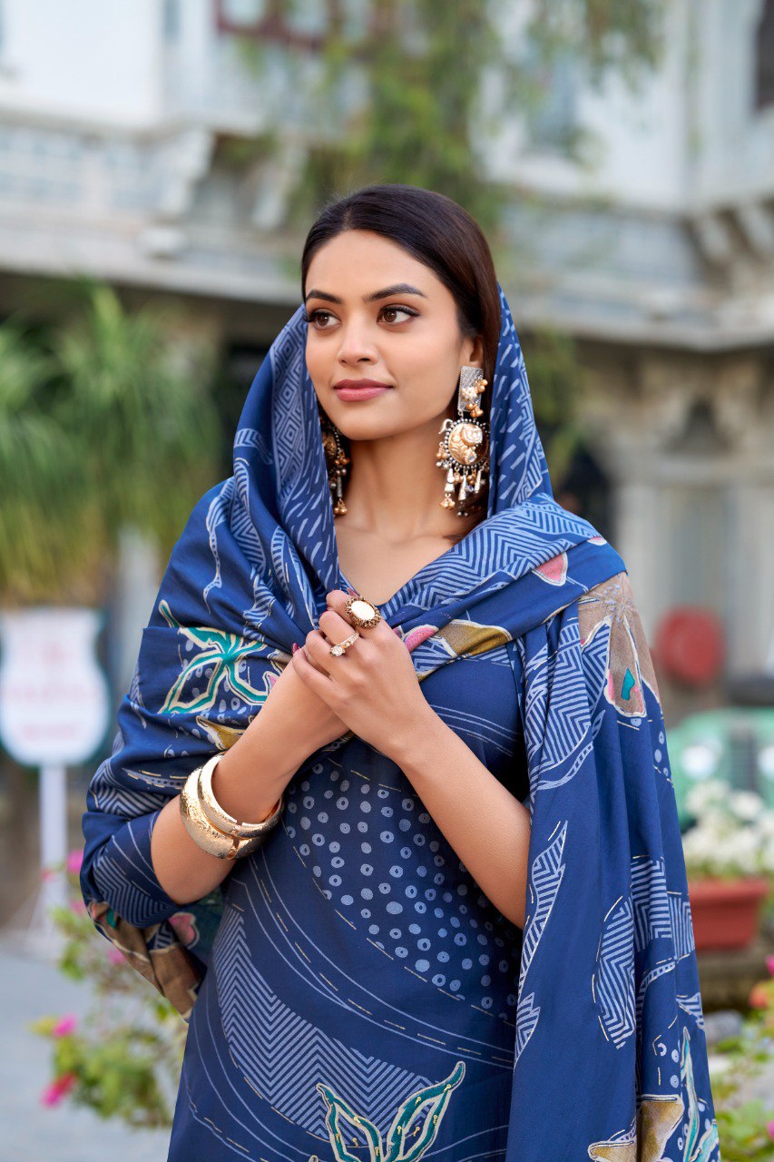 Lorenvalley Blue Roman Silk Floral Print With Beets Handwork Kurta Set