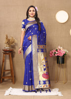 Lorenvalley Fashion Blue Soft Paithani Silk Woven Design Rich Zari Meenakari Weaving Saree
