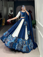 Lorenvalley Blue Pure Rayon with Plain And Printed With Paper Mirror Work Lace And Gota Patti Touch Up Lehenga Choli