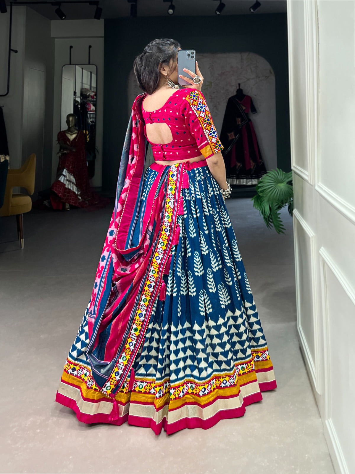 Lorenvalley Black Dola Silk with Printed With Foil Work And Original Mirror Gamthi Lace Touch Up Lehenga Choli