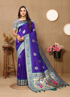 Lorenvalley Fashion Blue Soft Paithani Silk Woven Design Rich Meenakari Zari Weaving Pallu Saree